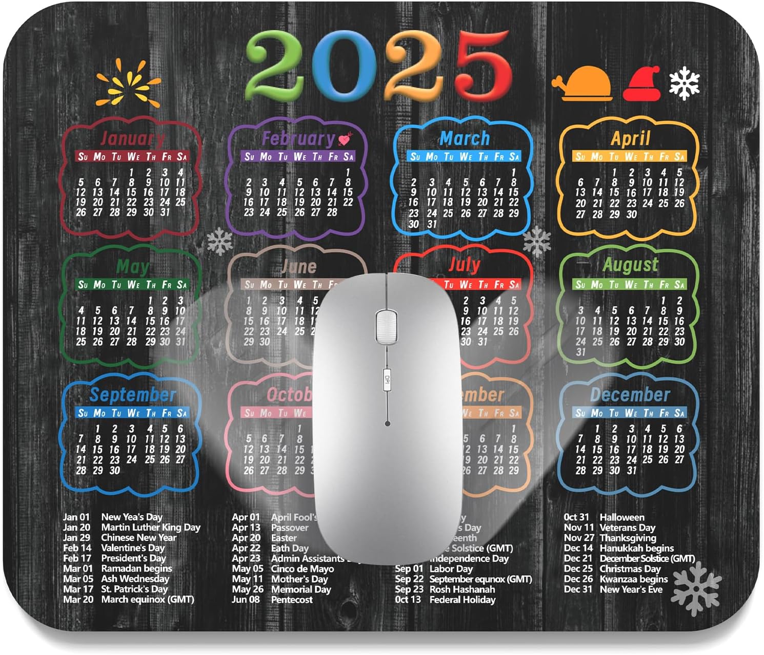 2025 Calendar Mouse Pad Black Wood Grain Pattern, Holidays Mousepad 9.5 x 7.9 inch with Non-Slip Rubber Base, Quality Creative Office Mouse Pads for Desk Computers Laptop