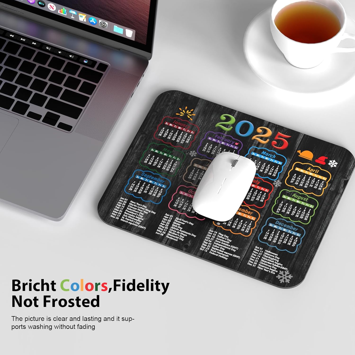2025 Calendar Mouse Pad Black Wood Grain Pattern, Holidays Mousepad 9.5 x 7.9 inch with Non-Slip Rubber Base, Quality Creative Office Mouse Pads for Desk Computers Laptop - Image 5
