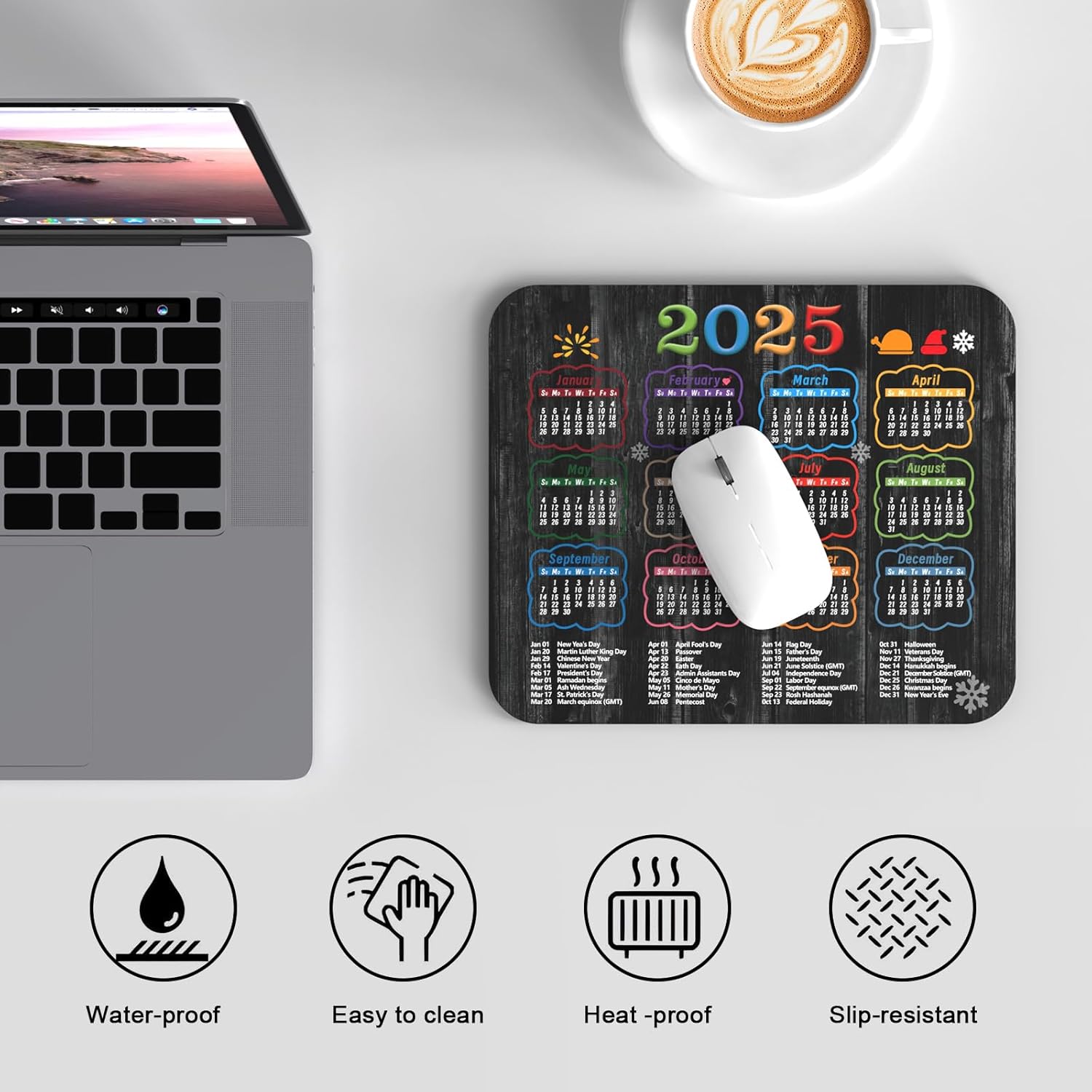 2025 Calendar Mouse Pad Black Wood Grain Pattern, Holidays Mousepad 9.5 x 7.9 inch with Non-Slip Rubber Base, Quality Creative Office Mouse Pads for Desk Computers Laptop - Image 6