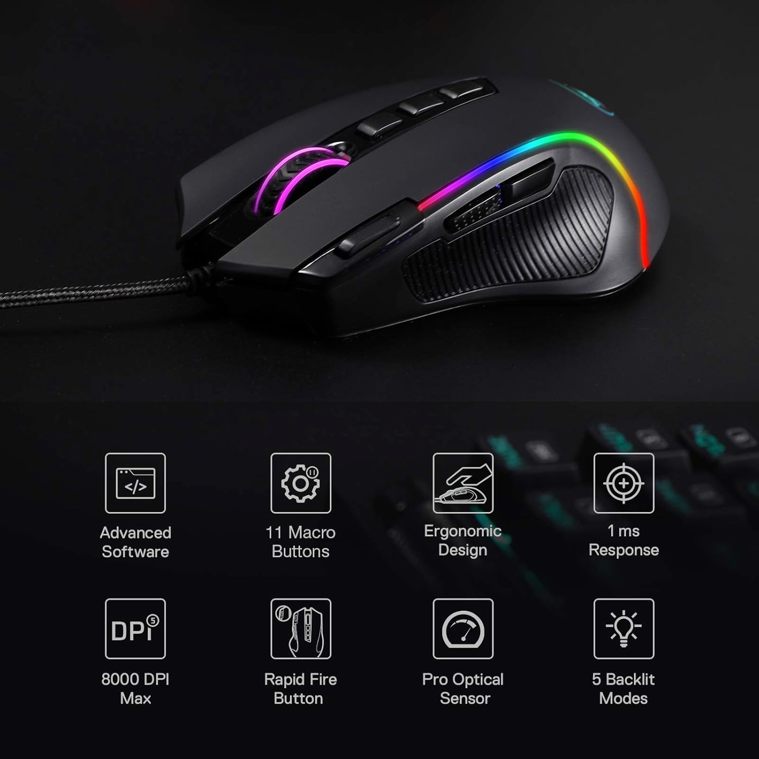 Redragon M612 Predator RGB Gaming Mouse, 8000 DPI Wired Optical Mouse with 11 Programmable Buttons & 5 Backlit Modes, Software Supports DIY Keybinds Rapid Fire Button - Image 3
