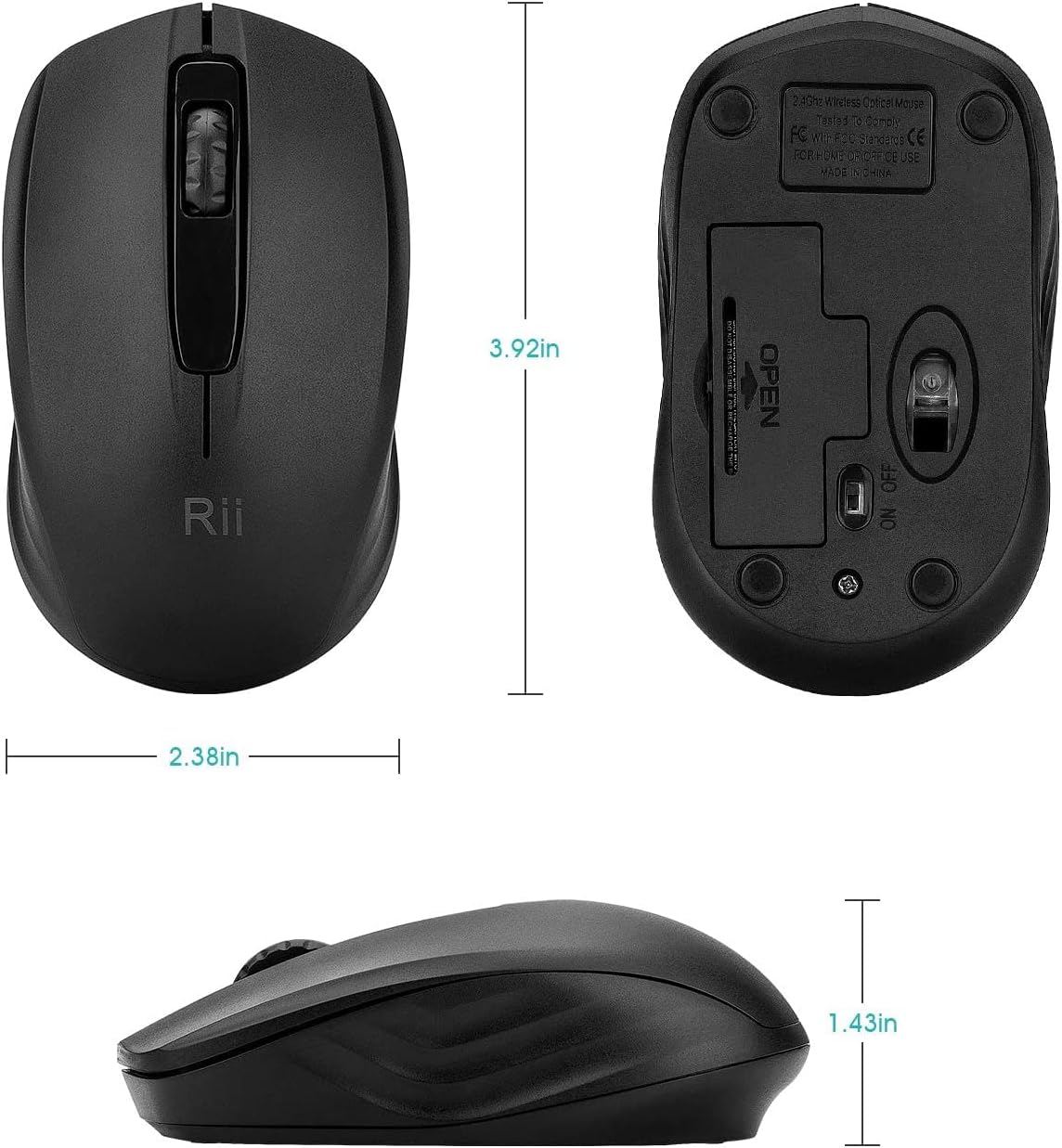Rii Wireless Mouse, 2.4G Portable Computer Mice for PC, Laptop, Windows,Office Included Wireless USB dongle (Black) - Image 3
