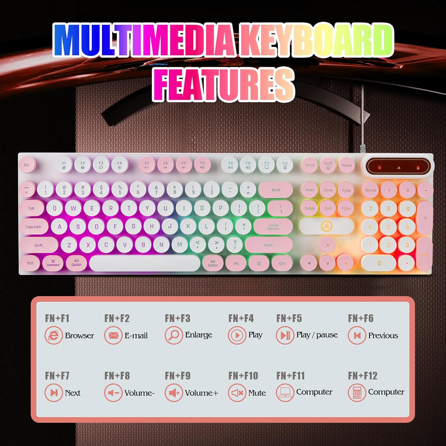 Wired Retro Punk Gaming Keyboard with Rainbow Backlit, 104 Keys Wired Cute Keyboard, Round Keycaps for Windows/Mac/PC(White and Pink) - Image 3