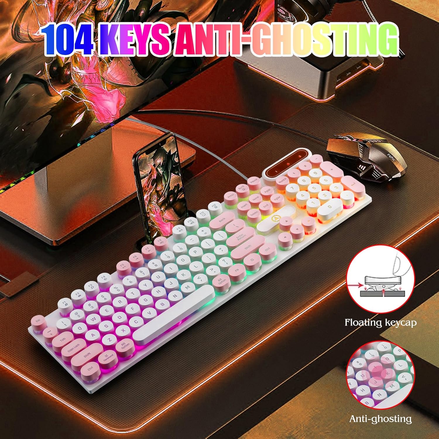 Wired Retro Punk Gaming Keyboard with Rainbow Backlit, 104 Keys Wired Cute Keyboard, Round Keycaps for Windows/Mac/PC(White and Pink) - Image 4