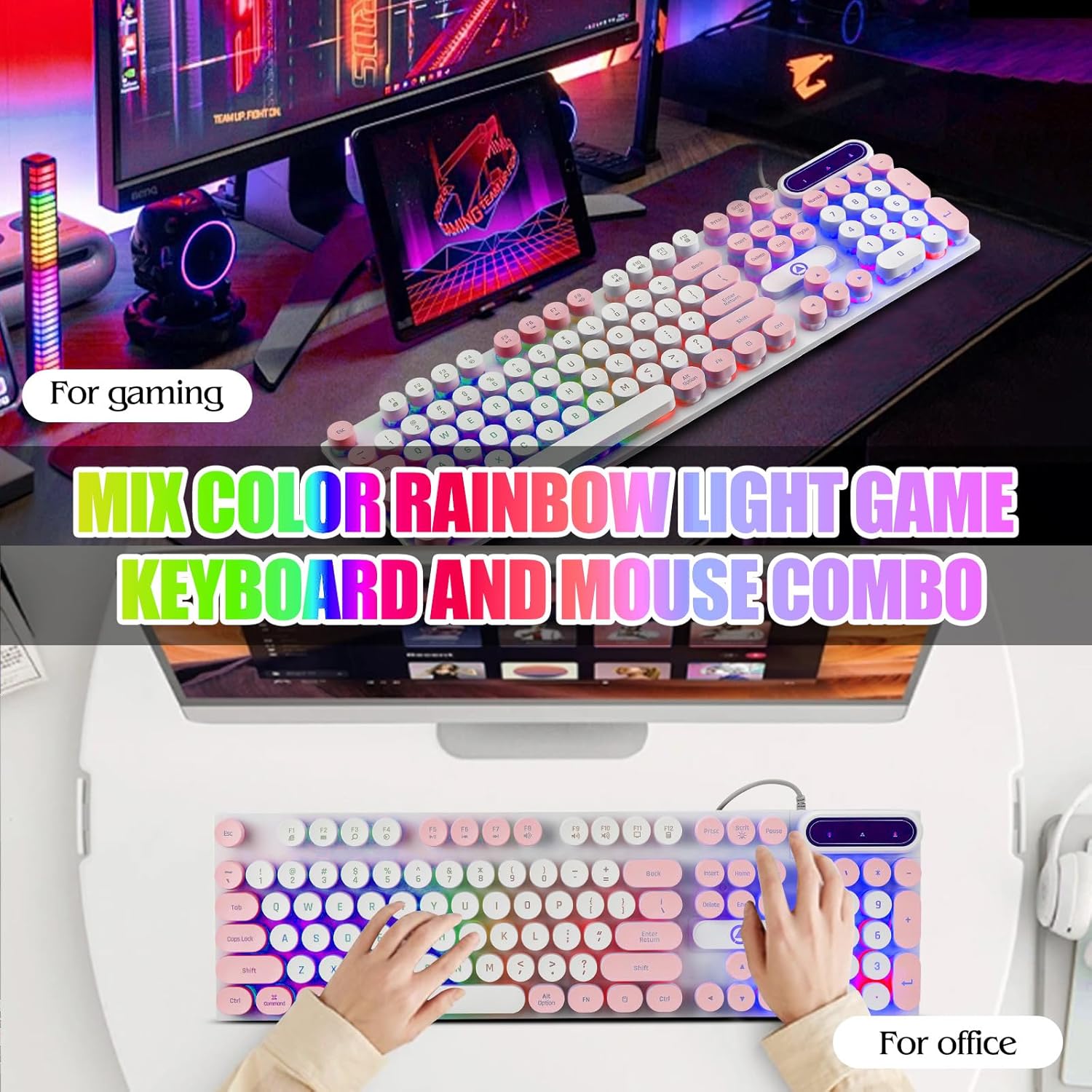 Wired Retro Punk Gaming Keyboard with Rainbow Backlit, 104 Keys Wired Cute Keyboard, Round Keycaps for Windows/Mac/PC(White and Pink) - Image 5