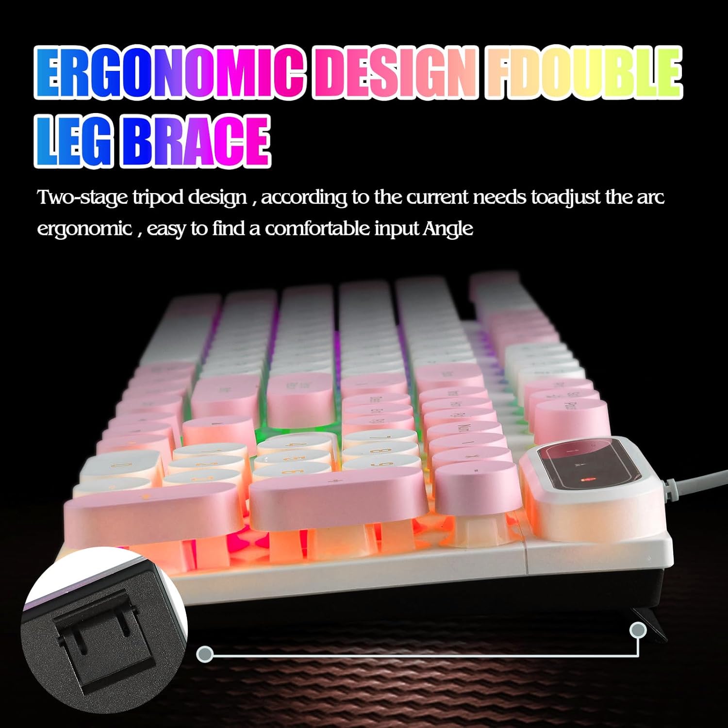 Wired Retro Punk Gaming Keyboard with Rainbow Backlit, 104 Keys Wired Cute Keyboard, Round Keycaps for Windows/Mac/PC(White and Pink) - Image 7