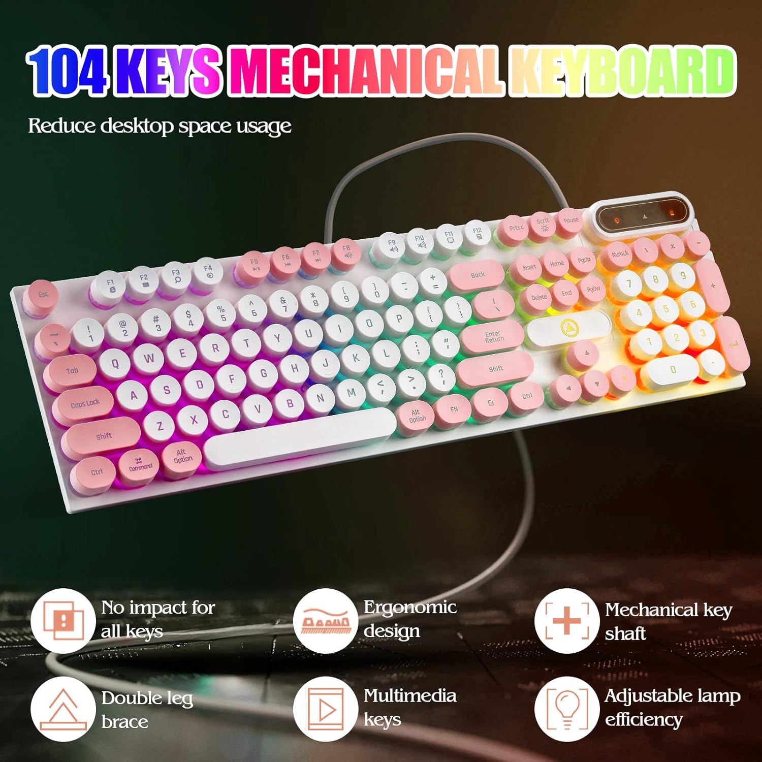 Wired Retro Punk Gaming Keyboard with Rainbow Backlit, 104 Keys Wired Cute Keyboard, Round Keycaps for Windows/Mac/PC(White and Pink) - Image 8